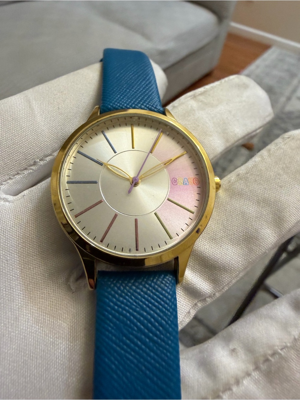 Cary Gel Series Ladies Watch Gold Case Multi-Color Dial Blue Leatherette Strap